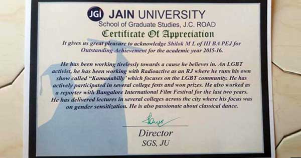 Shilok Mukkati awarded at Jain University